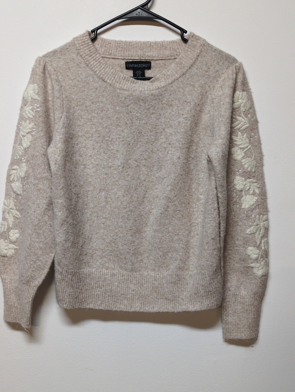 Cynthia Rowley Tan Embroidered Sleeves Sweater, Size XS